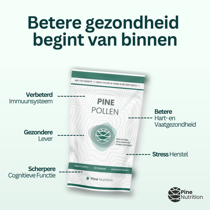 Pine Pollen verpakking met voordelen zoals verbeterd immuunsysteem, gezondere lever, scherpere cognitieve functie, betere hart- en vaatgezondheid en stressherstel. 100% natuurlijk superfood voor vitaliteit en balans.