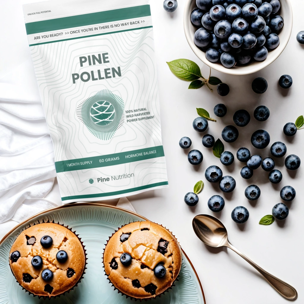 Pine pollen van Pine Nutrition met gezond voedsel, blauwe bessen en blauwe bessenmuffins